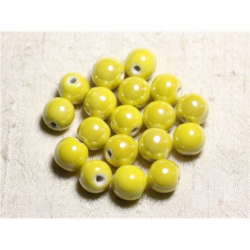 100pc - Perles Céramique Porcelaine Rondes irisées 12mm Jaune 