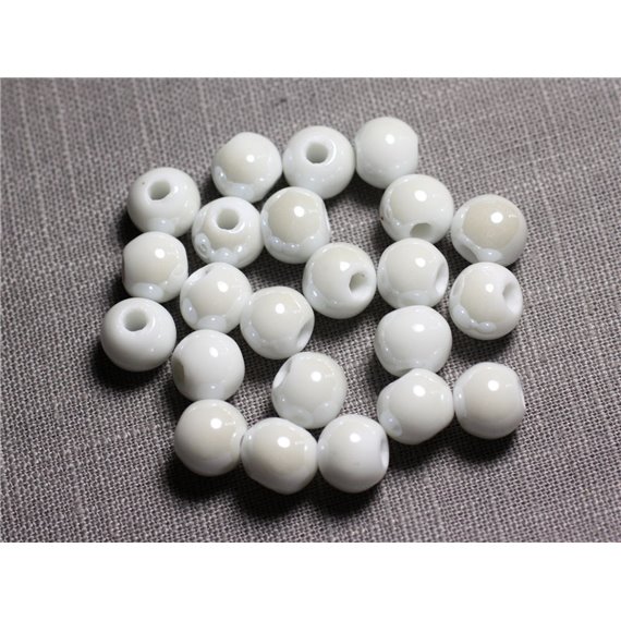 100pc - Perles Ceramique Porcelaine Boules 10mm Blanc irisé