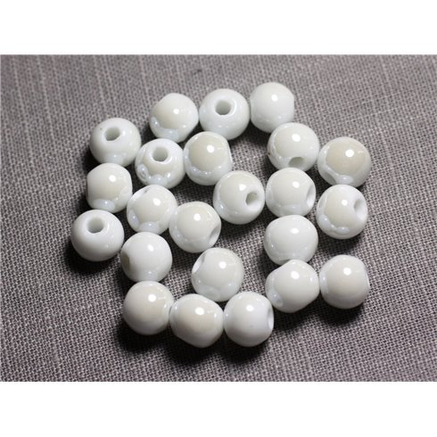 100pc - Perles Céramique Porcelaine Boules 10mm Blanc irisé 