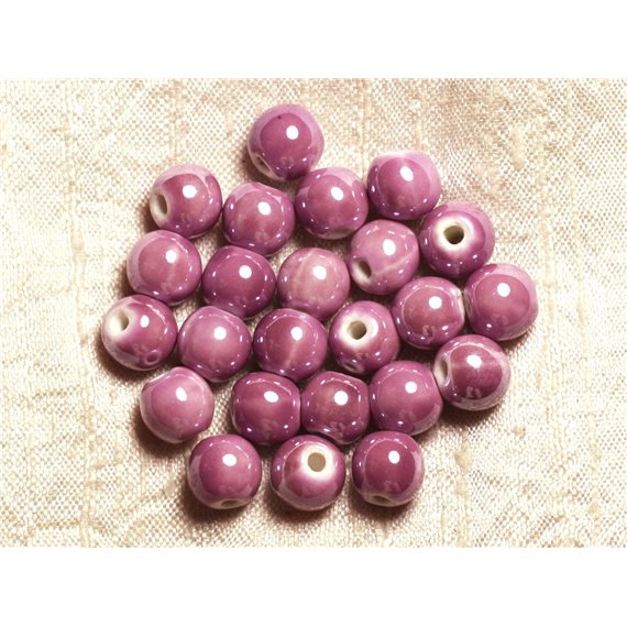 100pc - Perles Céramique Porcelaine Rondes irisées 10mm Violet Rose Mauve 