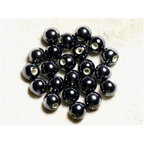 100pc - Perles Céramique Porcelaine Rondes irisées 10mm Noir 