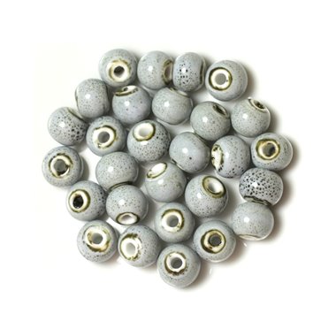 100pc - Perles Ceramique Porcelaine Boules 10mm Bleu clair tacheté noir