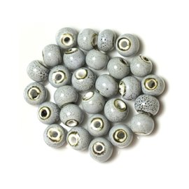 100pc - Porcelain Ceramic Beads Round 10mm Light blue black 