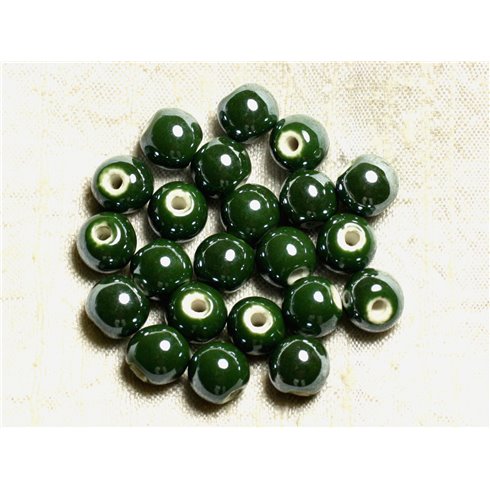 100pc - Perles Céramique Porcelaine Rondes irisées 10mm Vert Olive Empire 