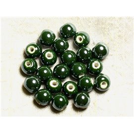 100pc - Ceramic Porcelain Beads Round Iridescent 10mm Olive Green Empire 