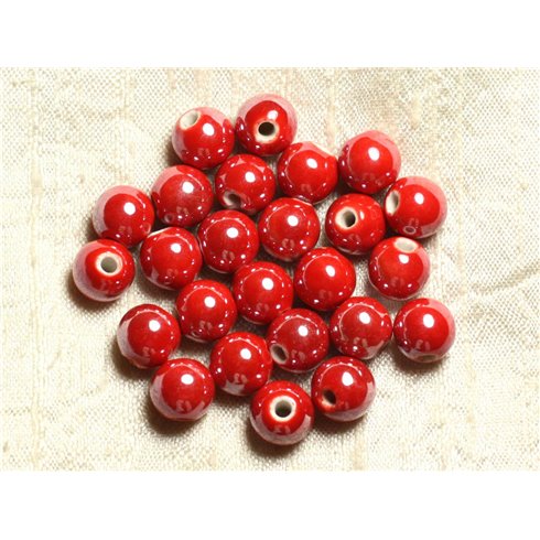 100pc - Perles Porcelaine Ceramique Boules 10mm Rouge Cerise