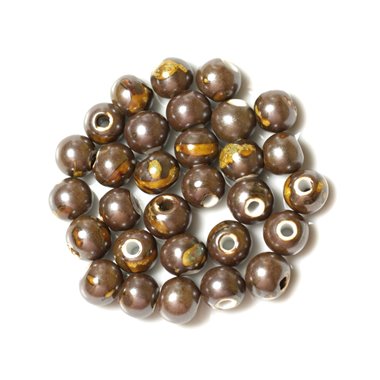 100pc - Perles Céramique Porcelaine Rondes 10mm Marron Jaune Métallisé 