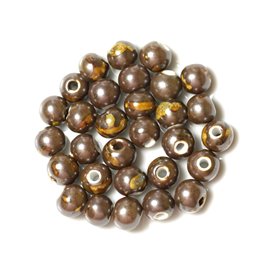 100pc - Ceramic Porcelain Beads Round 10mm Brown Yellow Metallic 