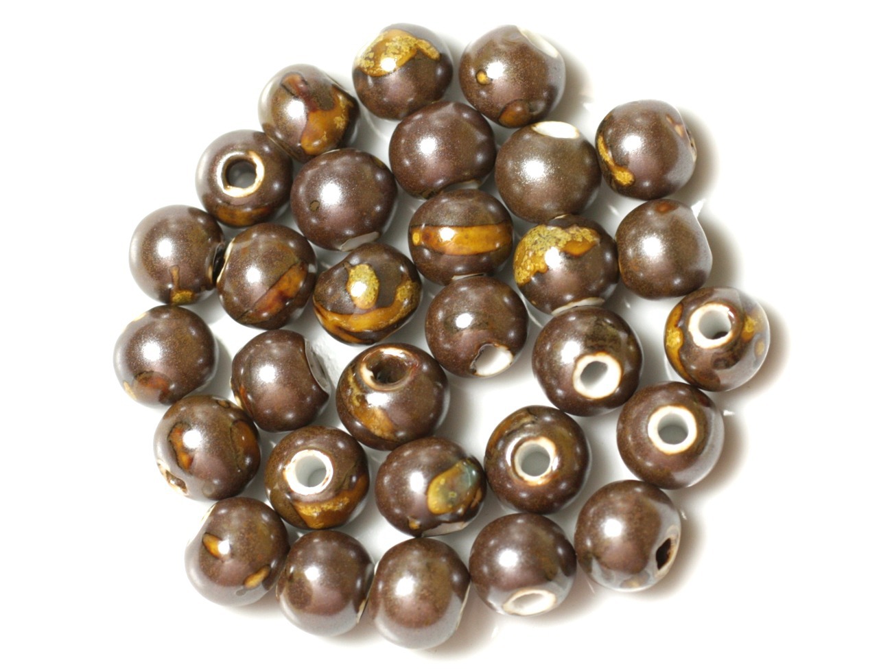 100pc - Perles Céramique Porcelaine Rondes 10mm Marron Jaune Métallisé 