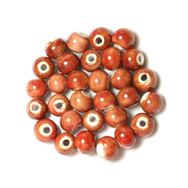 100pc - Perles Ceramique Porcelaine Boules 10mm Rouge Marron Brique tacheté