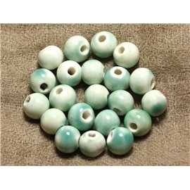 100pz - Perline in porcellana ceramica rotonda 10mm bianco verde turchese 
