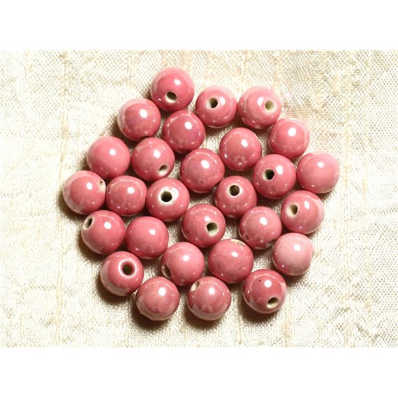 100pc - Perles Céramique Porcelaine Rondes irisées 10mm Rose Corail Pêche 