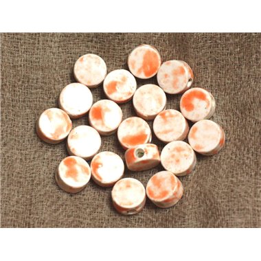 100pc - Perles Céramique Porcelaine Palets 8mm Blanc Orange 