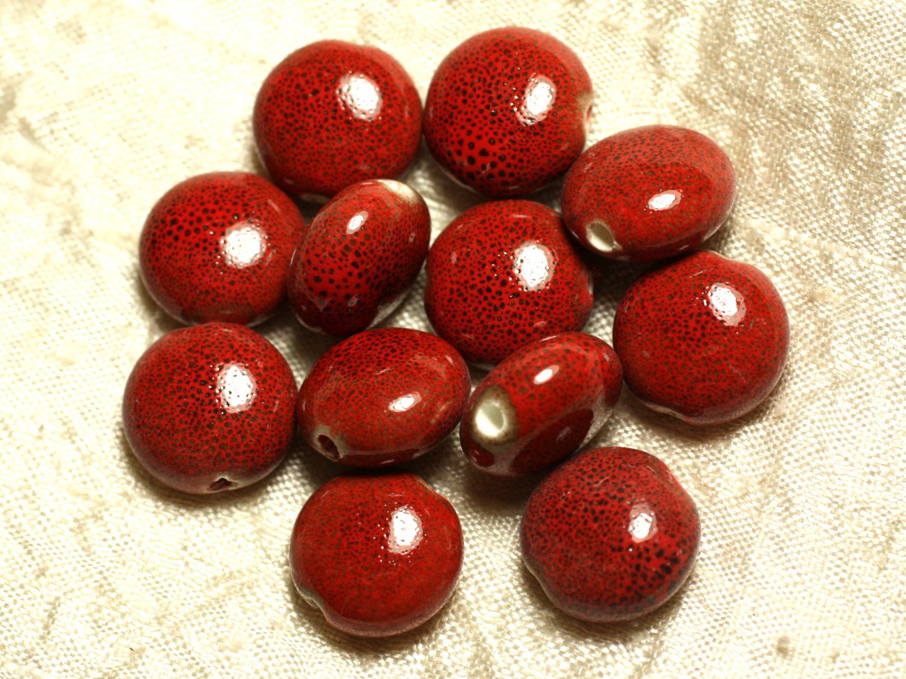 100pc - Perles Céramique Porcelaine Palets 14mm Rouge 