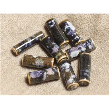 50pc - Perles Céramique Porcelaine Tubes 20mm Noir Marron Mauve 