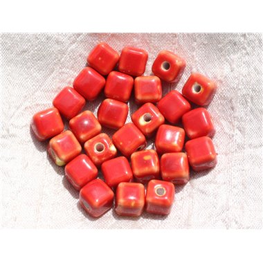 100pc - Perles Céramique Porcelaine Cubes 9-10mm Rouge Orange 