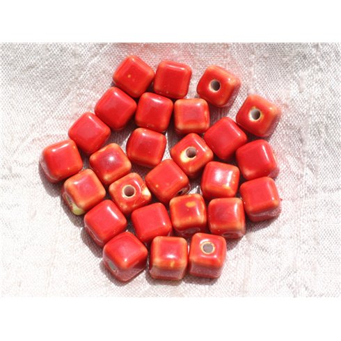 100pc - Perles Céramique Porcelaine Cubes 9-10mm Rouge Orange 