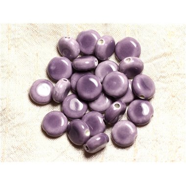 50pc - Perles Ceramique Porcelaine Rond plat Palet 14mm Violet Mauve Parme