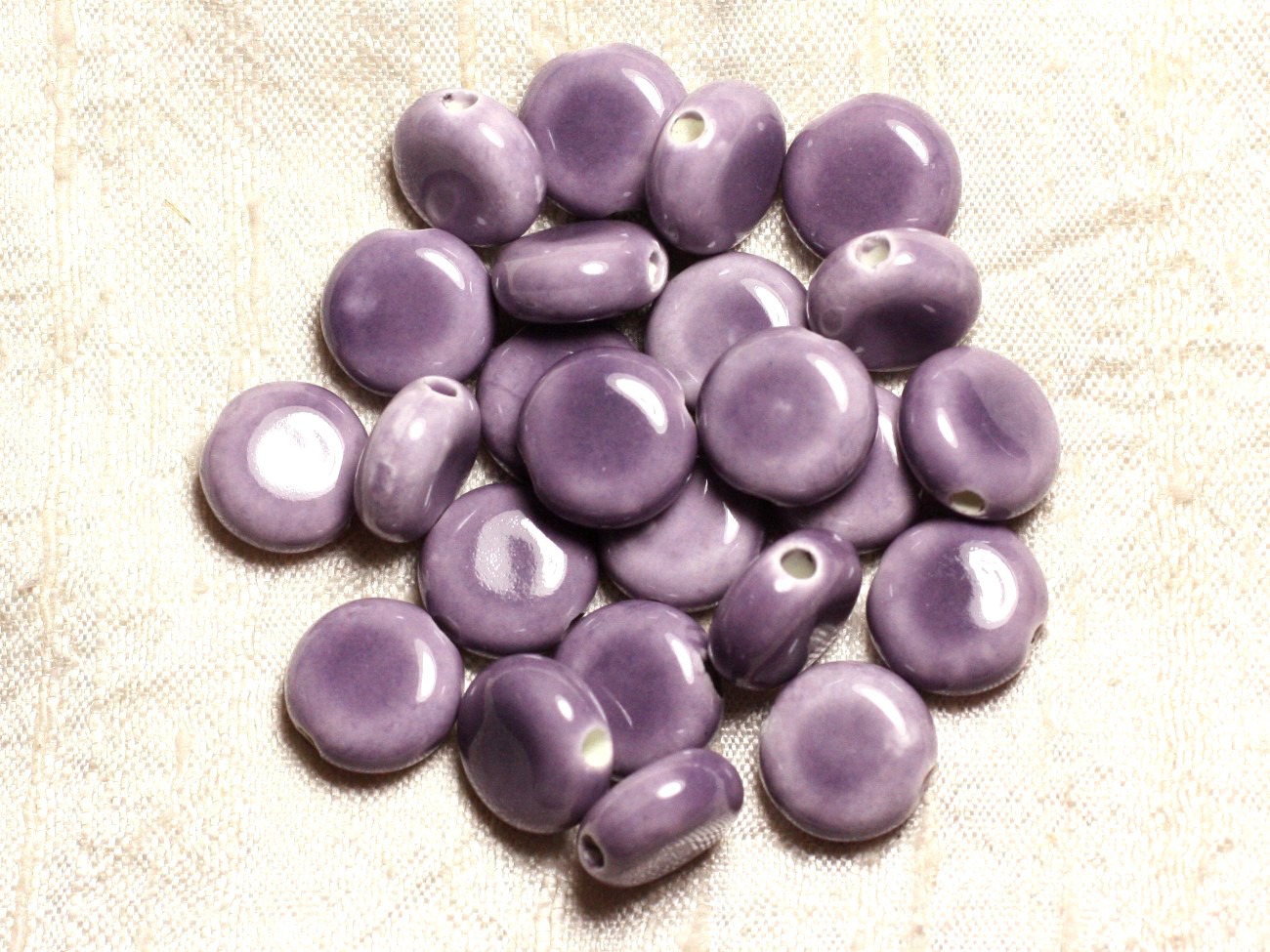 100pc - Perles Céramique Porcelaine Palets 14mm Violet Mauve 