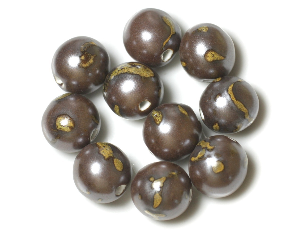 50pc - Perles Céramique Porcelaine Rondes 20mm Marron Jaune Métallisé 