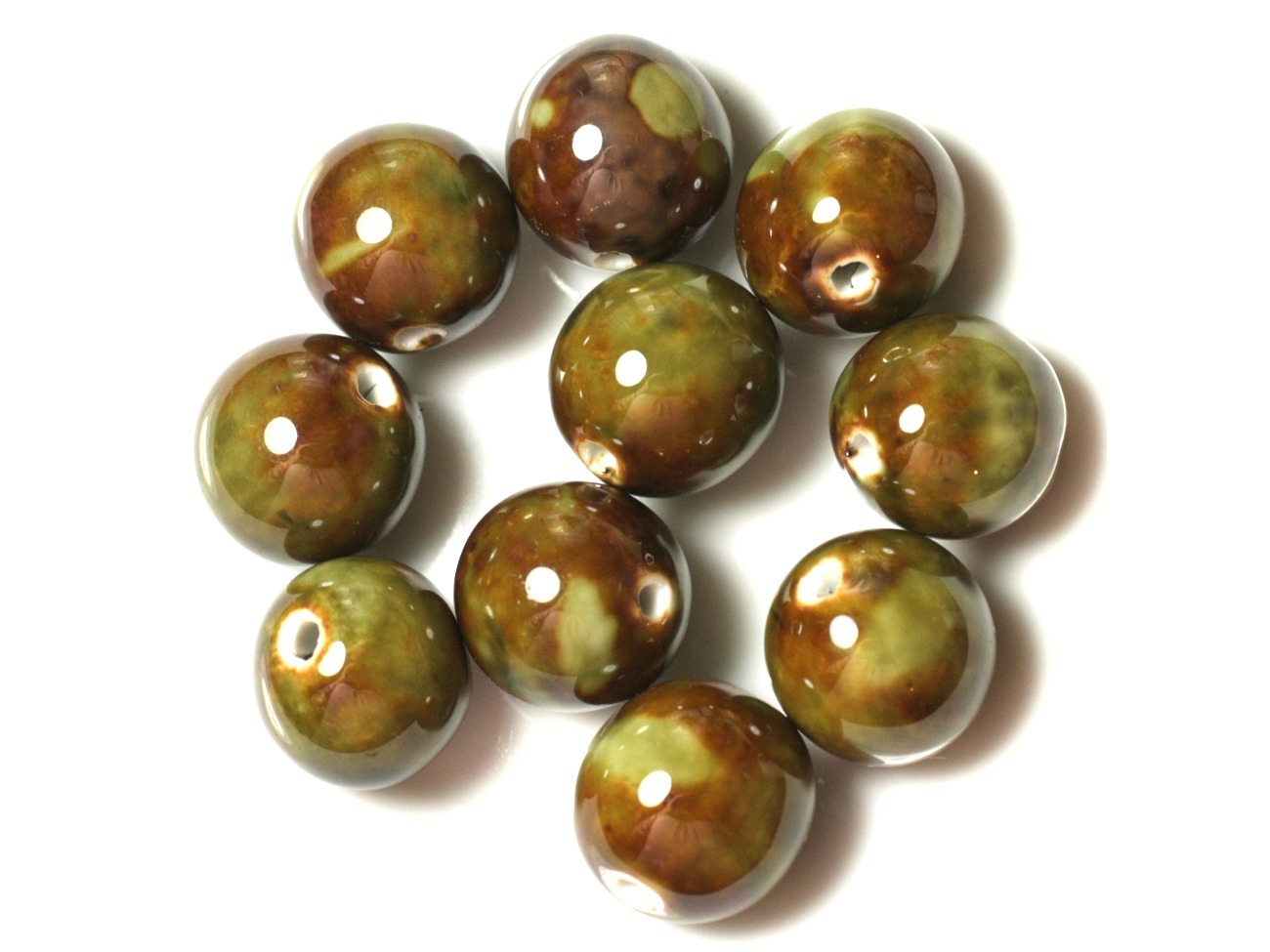 50pc - Perles Céramique Porcelaine Rondes 20mm Vert Kaki Marron 