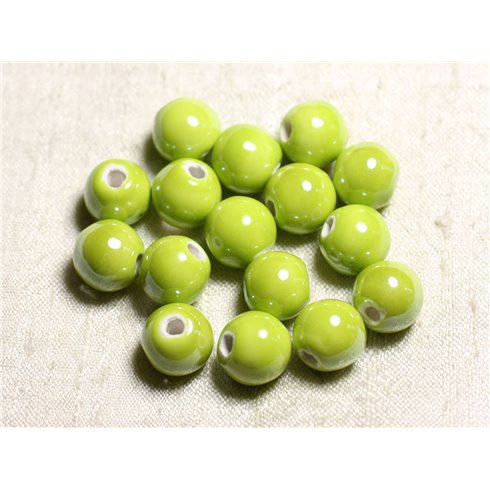 100pc - Perles Céramique Porcelaine Rondes irisées 12mm Jaune Vert Citron Anis 