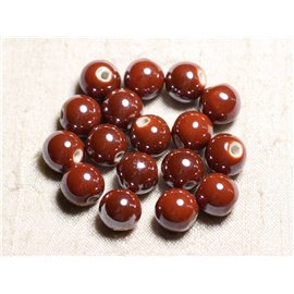 100pc - Ceramic Porcelain Beads Round Iridescent 12mm Red Brown Brick 