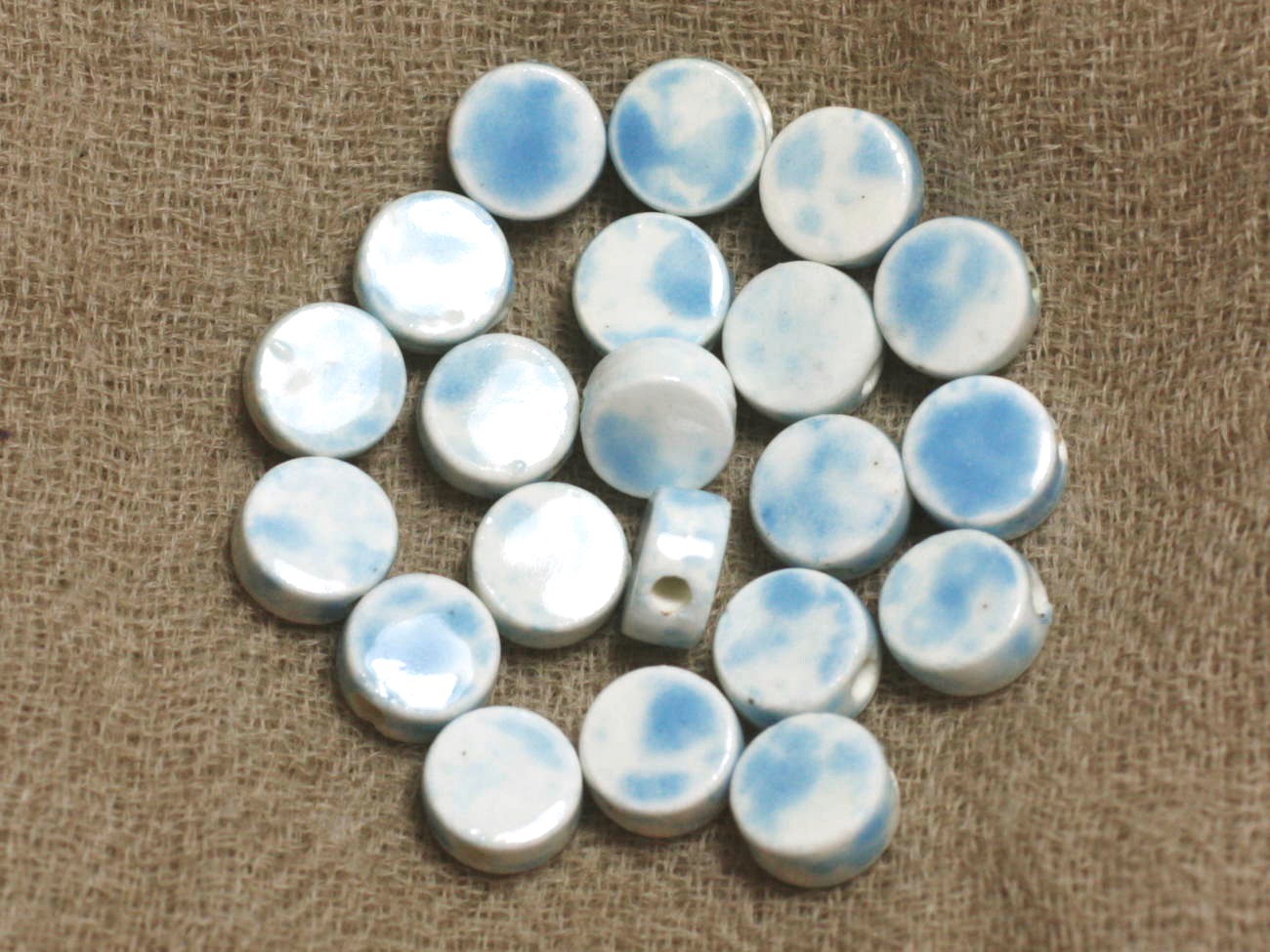 100pc - Perles Céramique Porcelaine Palets 8mm Blanc Bleu Turquoise 