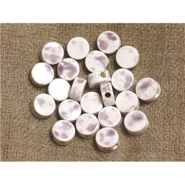 100pc - Perles Céramique Porcelaine Palets 8mm Blanc Violet Mauve 
