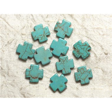 Fil 39cm 25pc env - Perles de Pierre Turquoise Synthèse Croix 15mm Bleu Turquoise 