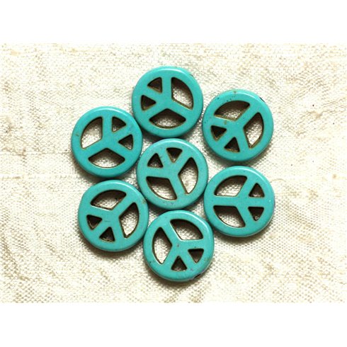 Fil 39cm 25pc env - Perles Pierre Turquoise Synthese Rond Rondelle Cercle Peace and Love 15mm Bleu Turquoise