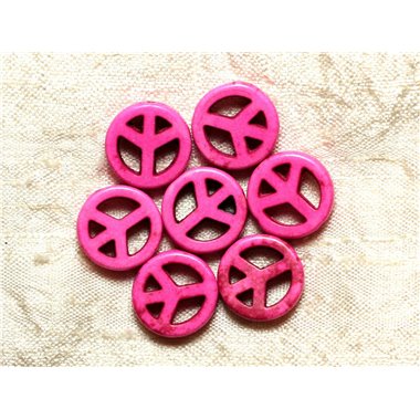 Fil 39cm 25pc env - Perles Pierre Turquoise Synthese Rond Rondelle Cercle Peace and Love 15mm Rose Fluo