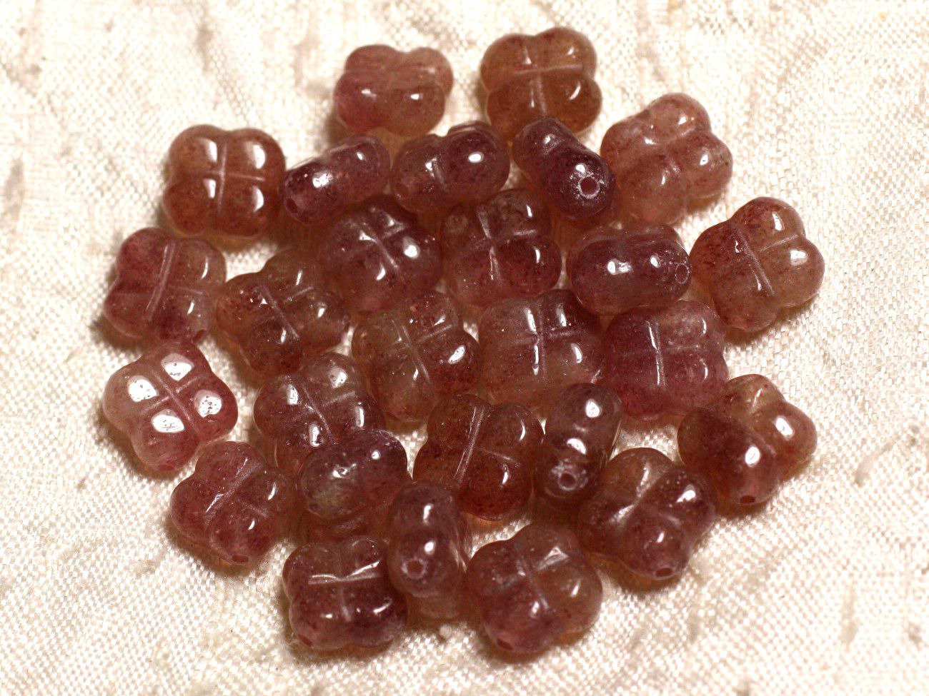 Fil 39cm 34pc env - Perles de Pierre - Quartz Cerise Fleur Trèfle 9-11mm 