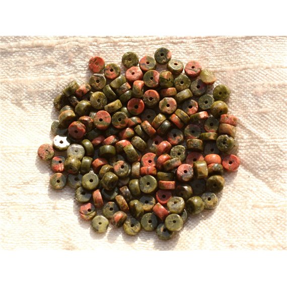 Fil 39cm 140pc env - Perles Pierre - Unakite Rondelles Heishi 4mm Vert Rose Rouge