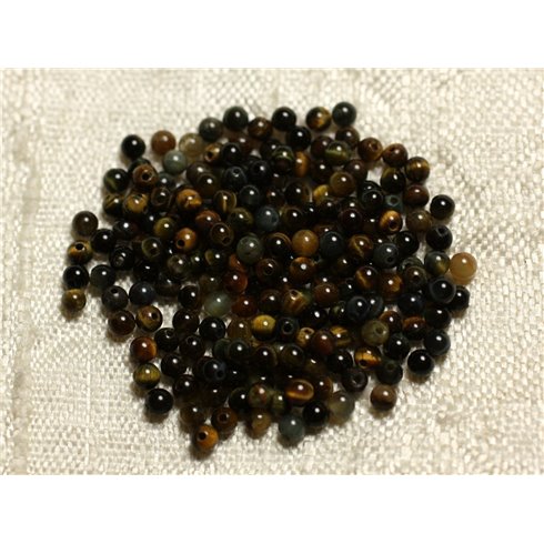 Fil 39cm 130pc env - Perles de Pierre - Oeil de Tigre et Faucon Boules 3mm 