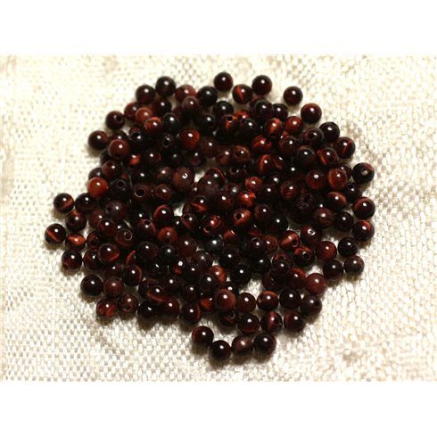 Fil 39cm 170pc env - Perles Pierre - Oeil Tigre Rouge Taureau Boules 2mm