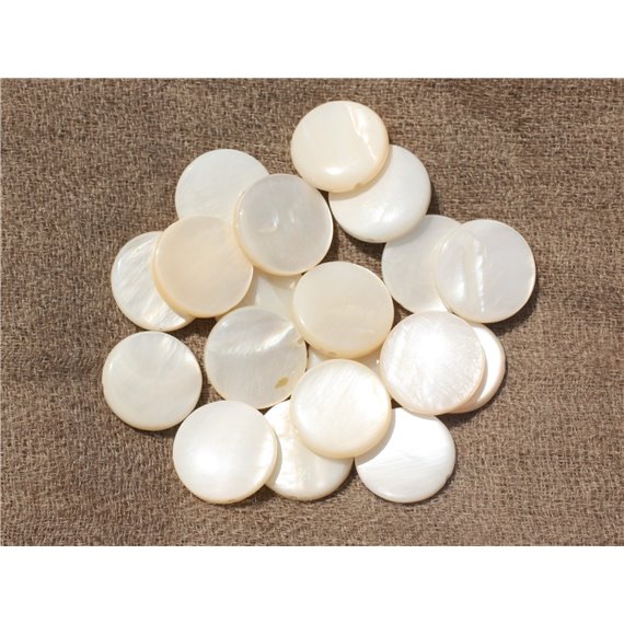 Fil 39cm 25pc env - Perles Nacre naturelle Ronds Palets 15mm Blanc