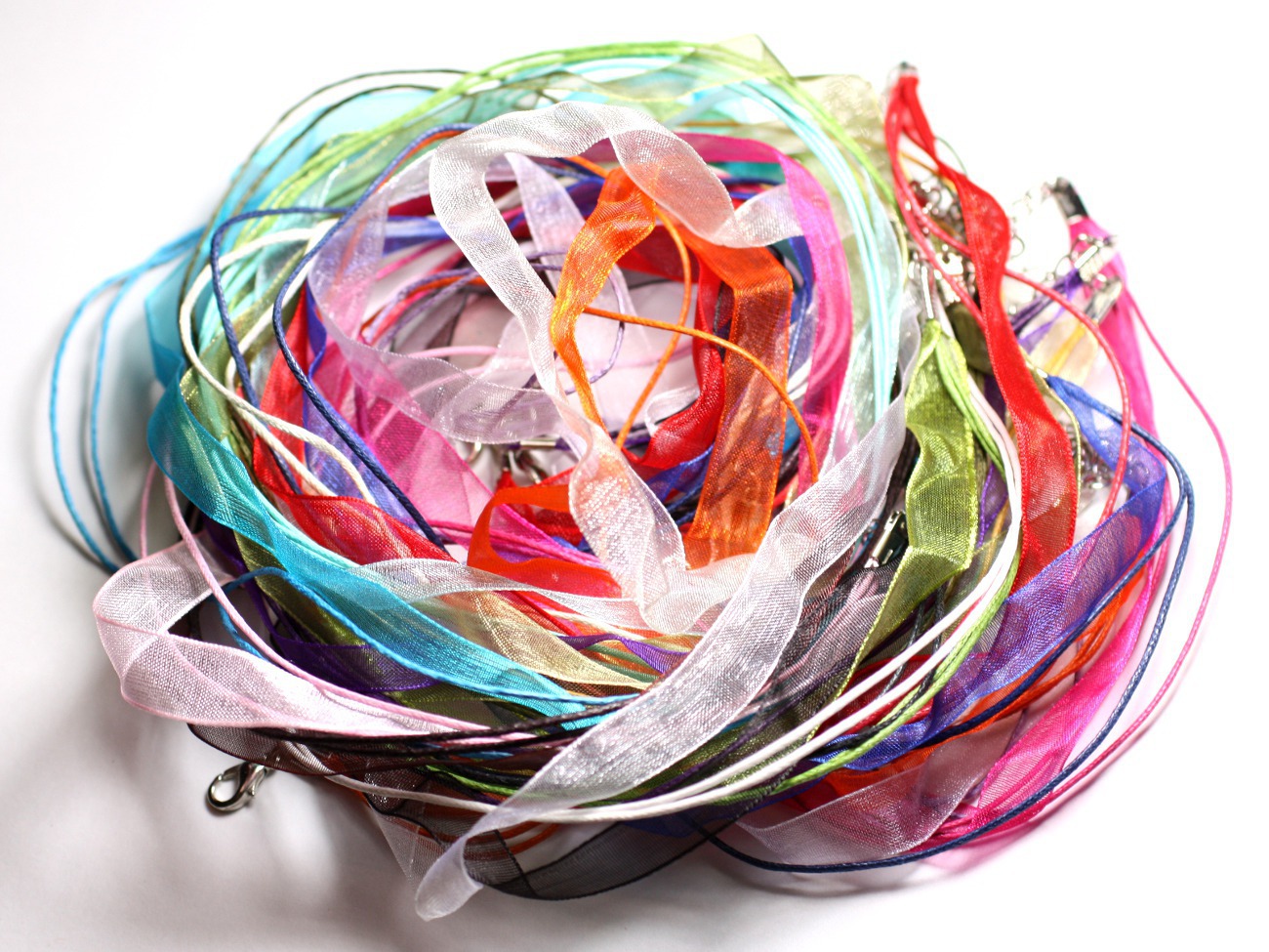 100pc - Colliers Tours de Cou 47cm Coton et Tissu Organza 10mm Multicolore 