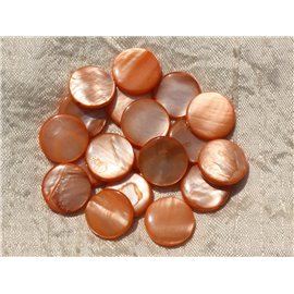 Fil 39cm 24pc environ - Perles Coquillage Nacre Palets Ronds plats 14-15mm Orange