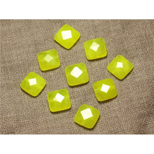 Fil 39cm 27pc env - Perles de Pierre - Jade Carrés Facettés 14mm Jaune Fluo 