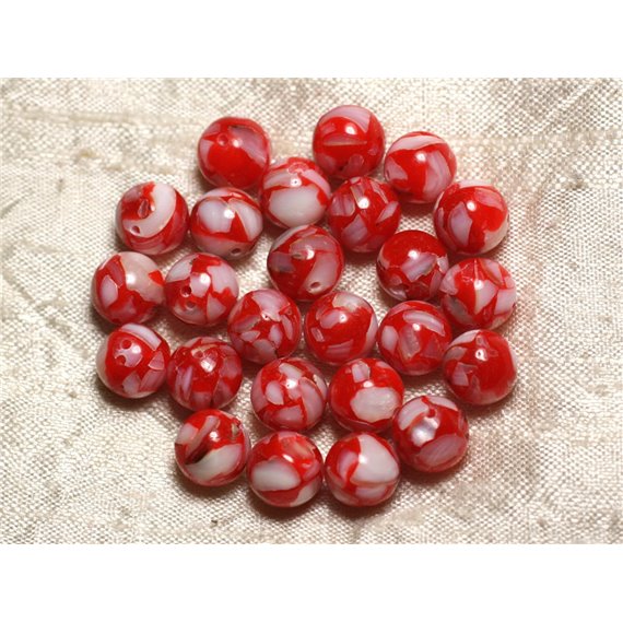 Fil 39cm 37pc env - Perles Nacre et résine Boules 10mm Rouge et Blanc 