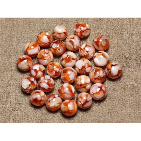 Fil 39cm 37pc env - Perles Nacre et résine Boules 10mm Orange et Blanc 