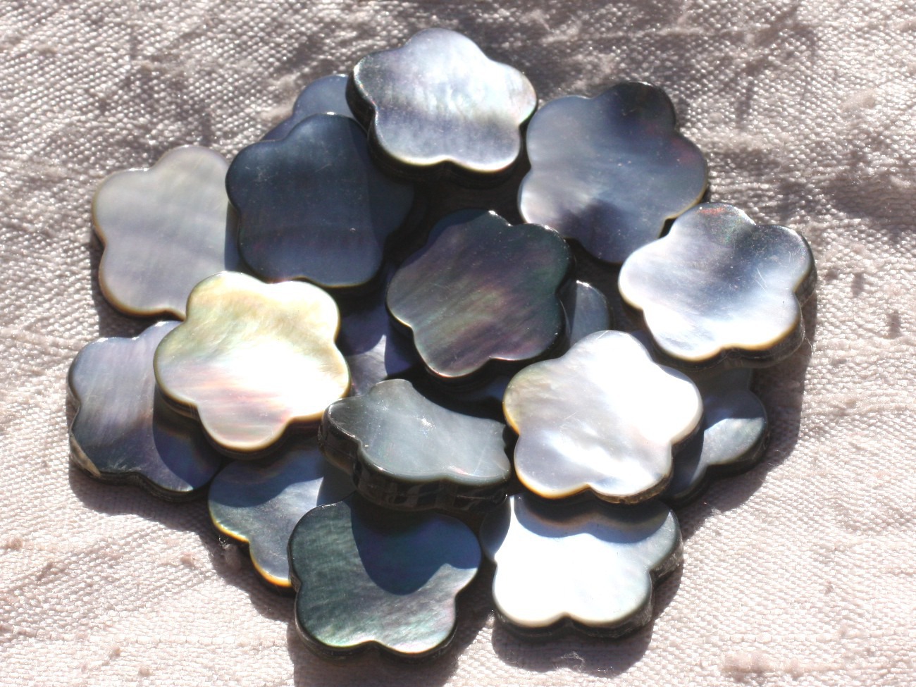 Fil 39cm 20pc env - Perles Nacre noire naturelle Fleurs 18mm 