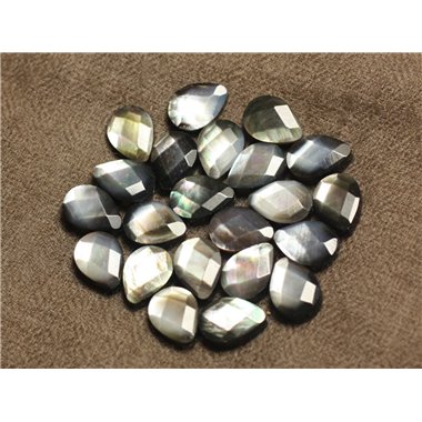 Fil 39cm 27 pc environ - Perles Coquillage Nacre noire Gouttes Facettées 14x10mm blanc gris noir irisé