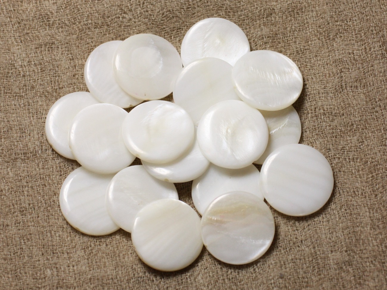 Fil 39cm 19pc env - Perles Nacre blanche naturelle Ronds Palets 20mm 