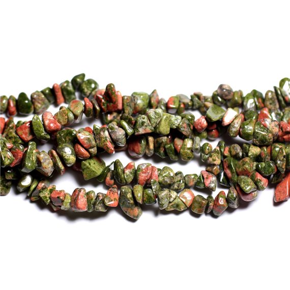 Fil 89cm 240pc env - Perles de Pierre - Unakite Rocailles Chips 5-10mm 
