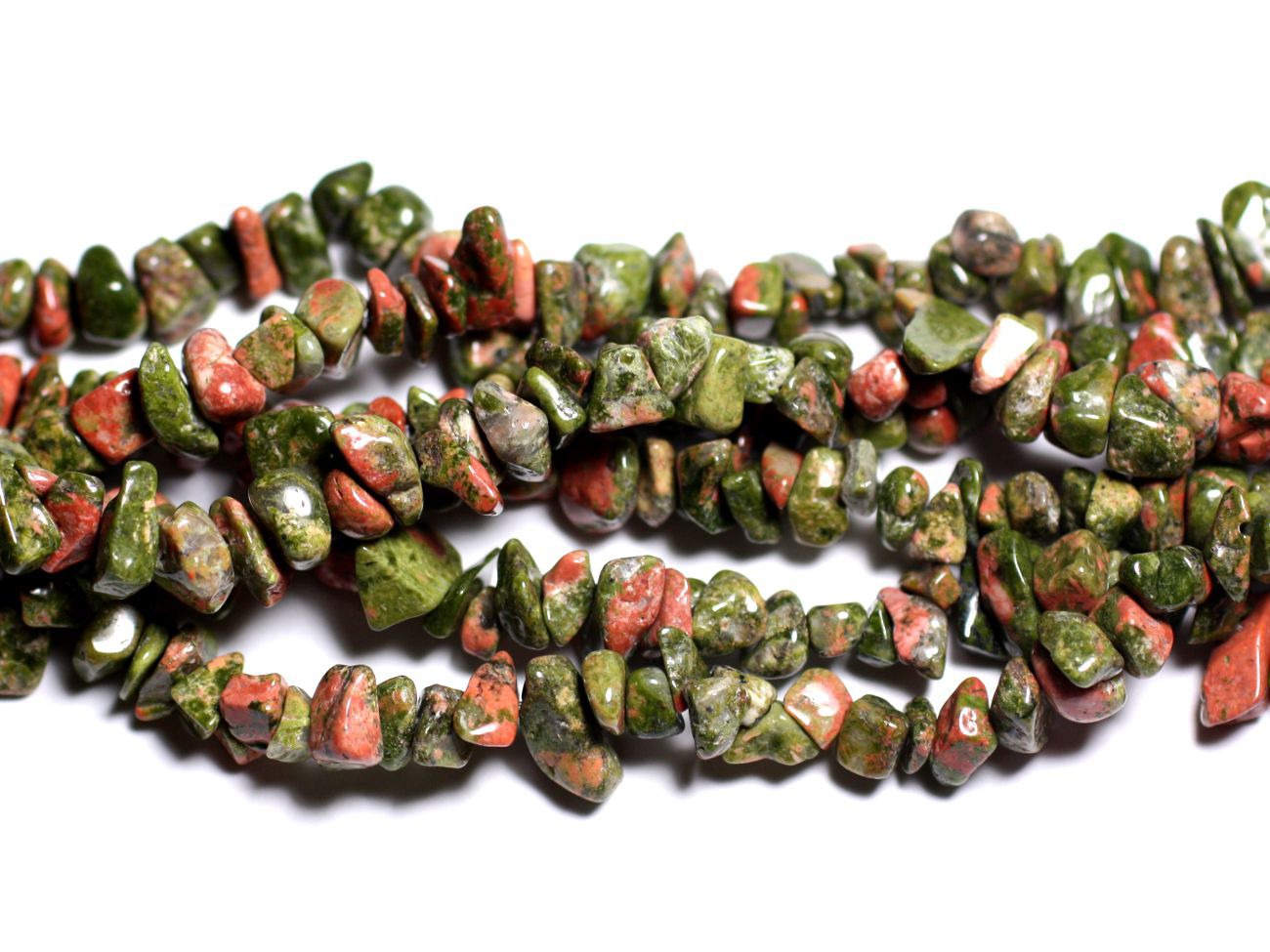Fil 85cm 220pc env - Perles Pierre Unakite Rocailles Chips 5-10mm Vert Rose Rouge