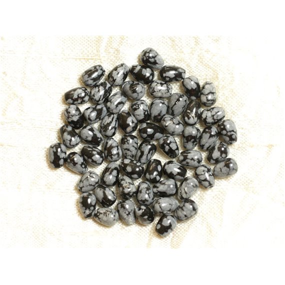 Fil 39cm 51pc env - Perles de Pierre - Obsidienne Flocon Mouchetée Gouttes 7x5mm 