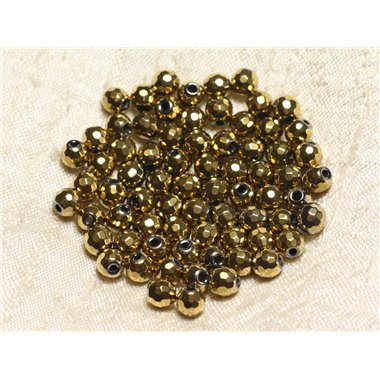 Fil 39cm 63pc env - Perles de Pierre - Hématite dorée Boules Facettées 6mm