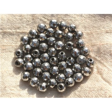 Fil 39cm 63pc env - Perles de Pierre - Hématite argenté rhodié Boules Facettées 6mm 